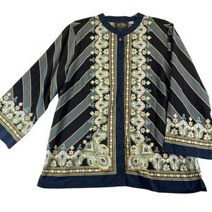 BOB MACKIE Womens M Black Striped Tunic Top Mandarin Collar Artsy Button Vintage